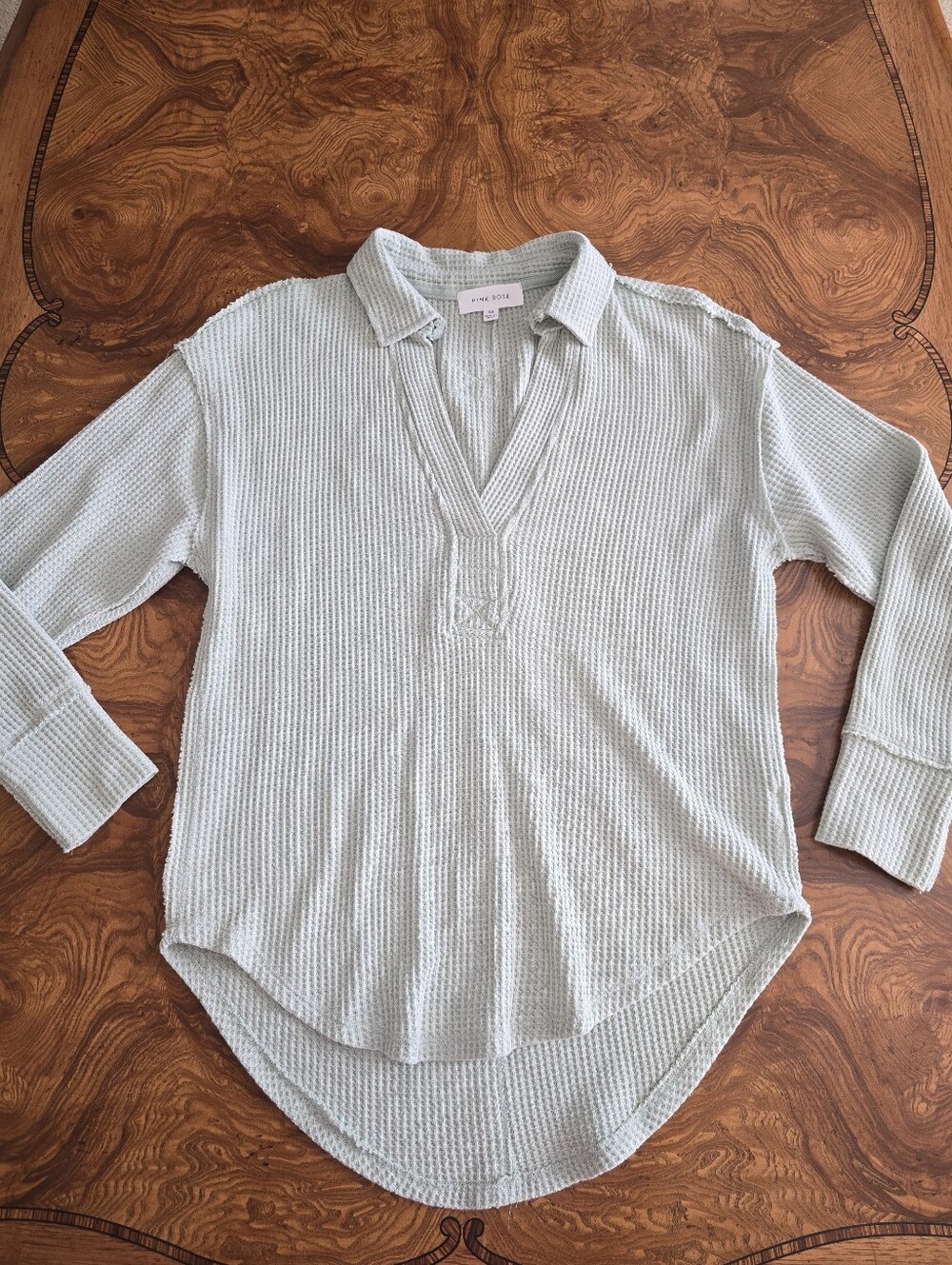 Pink Rose Mint Green Waffle Knit Collared V-Neck Long Sleeve Top Size XS